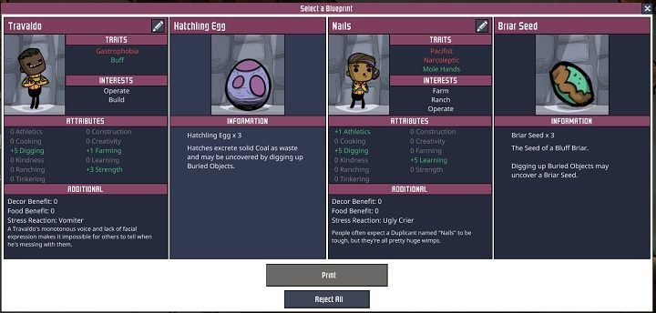 Zazwyczaj mamy do wyboru trzech duplikantów i jeden zapas surowców, zdarzają się jednak zestawienia samych duplikantów lub surowców - Jak zacząć w Oxygen Not Included? - Oxygen Not Included - poradnik do gry