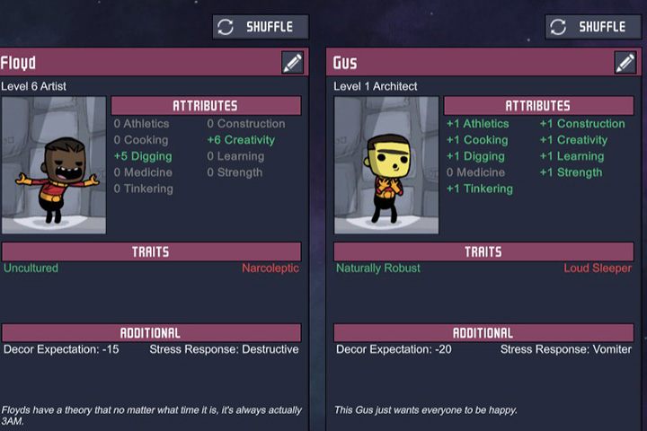 Duplikant Floyd (po prawej) jest świetnym górnikiem i malarzem. Za to Gus jest trochę lepszy w każdej dziedzinie od przeciętnego duplikanta, jednak w niczym nie jest mistrzem. - Umiejętności duplikantów i przydzielanie prac w Oxygen Not Included - Oxygen Not Included - poradnik do gry