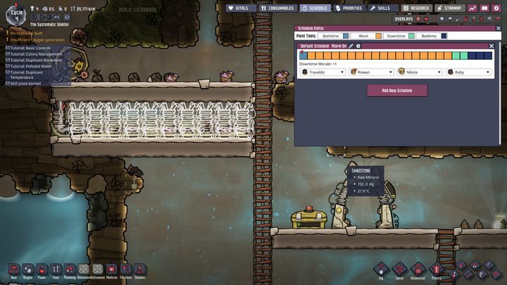 Po kliknięciu Schedule wyświetli nam się okno, w którym możemy ustalić ogólny plan dnia, lub ustalić oddzielny dla każdego duplikanta - Umiejętności duplikantów i przydzielanie prac w Oxygen Not Included - Oxygen Not Included - poradnik do gry