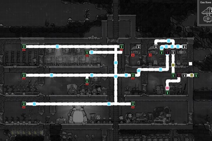 Przykładowa infrastruktura i dystrybucja gazów. - Infrastruktura Wodna i Gazowa (Plumbing) w Oxygen Not Included - Oxygen Not Included - poradnik do gry