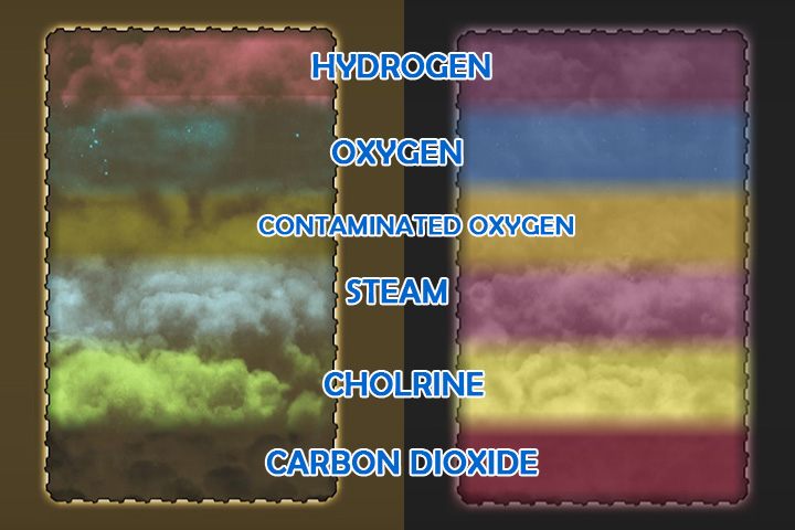 Gazy mieszają się, ale dzielą na warstwy według ciężkości (po lewej w normalnym widoku, po prawej w filtrze według zdatności do oddychania). - Gazy w Oxygen Not Included - Oxygen Not Included - poradnik do gry