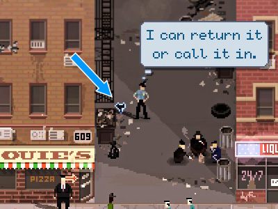 Broń leży koło śmietnika, w alejce między pizzerią a monopolowym. - Tydzień 1 służby - Pierwsze 7 dni w Beat Cop - Beat Cop - poradnik do gry