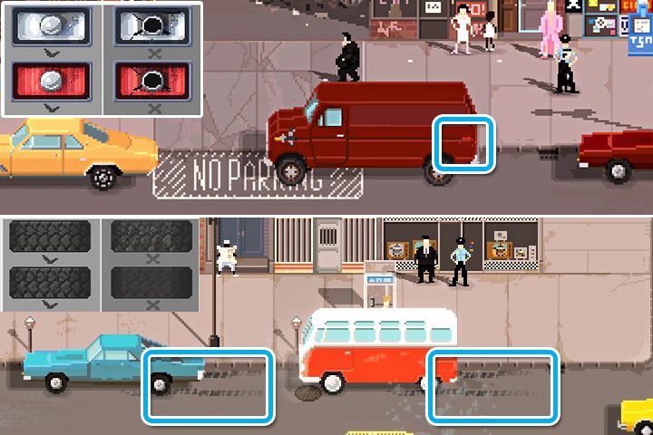 Są proste sposoby namierzania wykroczeń za nieprawidłowe światła (w górnej części screena - iskrzące reflektory) oraz za nieprzepisowe opony (dolna część -wyraźne ślady opon). - Mandaty i interwencje w Beat Cop - Beat Cop - poradnik do gry