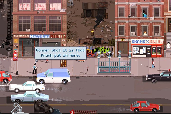 Zagadaj bezdomnego przed apteką, aby przeszukać auto Kranka i zdobyć dowód. - Tydzień 3 - Ostatnie dni w Beat Cop w Beat Cop - Beat Cop - poradnik do gry