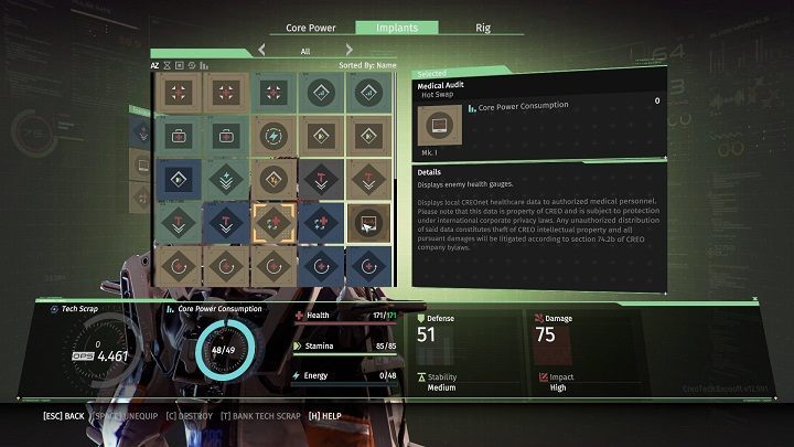 Kolory implantów oznaczają ich poziomy. Im wyższy poziom, tym lepsze działanie, ale też wyższy koszt zużycia rdzenia. - Implanty i egzoszkielet w The Surge - The Surge - poradnik do gry