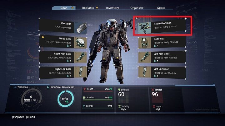 Moduły drona możesz zmienić z poziomu ekwipunku lub za pomocą skrótu klawiszowego. - Dron w The Surge - The Surge - poradnik do gry