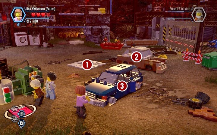 W pierwszej kolejności zajmij się rozwierceniem podłogi (1) młotem robotnika - Sekrety na złomowisku w Lego City: Tajny Agent - LEGO City: Tajny Agent - poradnik do gry