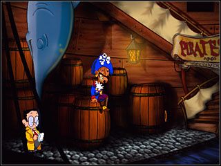 Najpierw przyjrzałem się zwisającej rybie-pile, a następnie podszedłem do siedzącego na baryłce pirata - Opis przejścia cz.5 | Tony Tough i Noc Pieczonych śCIEM - Tony Tough i Noc Pieczonych śCIEM - poradnik do gry