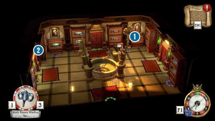 Znajdziesz się w sali z zegarem [1], ale nie możesz ustawić punktu startowego, bo nie dysponujesz żadnym z kluczy - Sekcja muzyczna i punkt startowy | Tequilla Belle | The Sexy Brutale - The Sexy Brutale - poradnik do gry