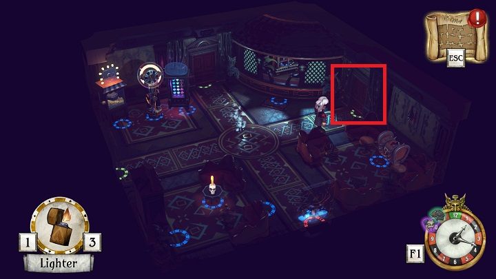 Najpierw wyjdź z pokoju przez oznaczone na obrazku drzwi - Zdobądź zapalniczkę | Greyson Grayson i Redd Rockridge | The Sexy Brutale - The Sexy Brutale - poradnik do gry