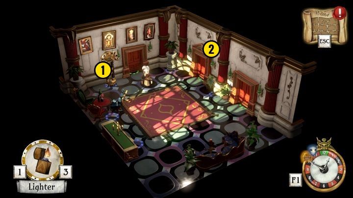 Jak widzisz jest tutaj zegar [1], ale nie możesz z niego skorzystać bo najpierw musisz zdobyć klucz i go nakręcić - Uruchom drugi punkt startowy | Thanos Gorecki i Aurum Runes | The Sexy Brutale - The Sexy Brutale - poradnik do gry