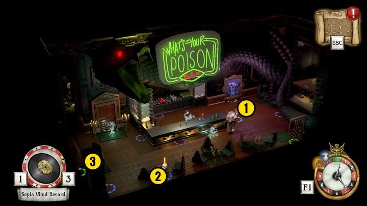 Zdejmij płytę z gramofonu [1] i zabierz ją ze sobą - Zdobądź hasło i nastaw statuę za barem | Thanos Gorecki i Aurum Runes - The Sexy Brutale - poradnik do gry