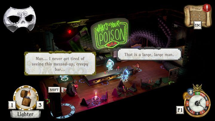 Na jego widok duchy zaczną między sobą rozmawiać, ostatecznie podając hasło, które jest niezbędne, aby dostać się do pokoju ze statuą - Zdobądź hasło i nastaw statuę za barem | Thanos Gorecki i Aurum Runes - The Sexy Brutale - poradnik do gry