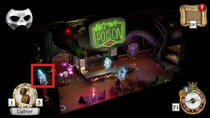 Gdy Aurum wejdzie do pokoju wyjdź z szafy i porozmawiaj z duchem - Zdobądź hasło i nastaw statuę za barem | Thanos Gorecki i Aurum Runes - The Sexy Brutale - poradnik do gry