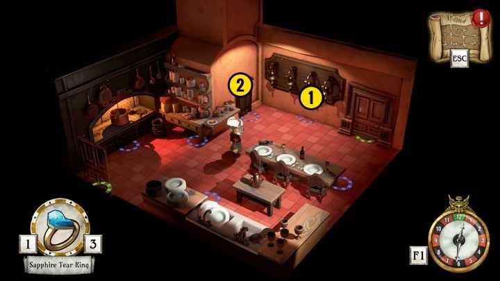 Odczekaj do godziny 2 pm po czym wejdź w interakcję z dzwonkiem [1], a następnie z windą [2] oznaczoną na obrazku - Uruchom zielone przewody | Lucas Bondes | The Sexy Brutale - The Sexy Brutale - poradnik do gry