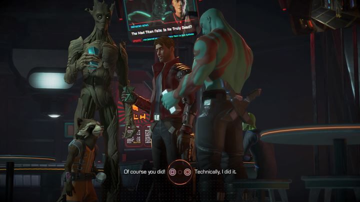 Pierwszy ważny wybór ma miejsce w barze, gdzie ekipa opija zwycięstwo nad Thanosem - Ważne wybory | Guardians of the Galaxy - Guardians of the Galaxy: The Telltale Series - poradnik do gry