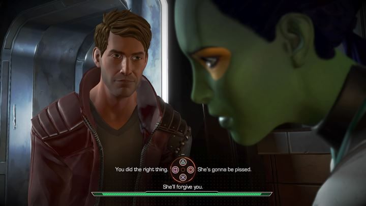 Peter przystąpi teraz do rozmowy z Gamorą, która zostanie na chwilę przerwana dialogiem z podejrzanym typkiem - Knowhere - wizyta w barze | Guardians of the Galaxy - Guardians of the Galaxy: The Telltale Series - poradnik do gry