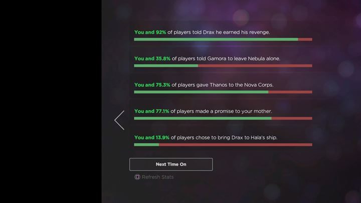 Na koniec porównasz, jak wyglądały twoje wybory na tle innych graczy. - Scena w kościele - retrospekcja | Guardians of the Galaxy - Guardians of the Galaxy: The Telltale Series - poradnik do gry