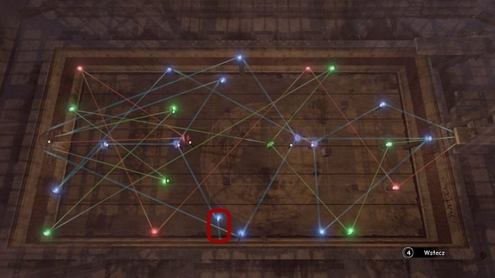 Prawidłowe ustawienie wszystkich promieni - do pełni sukcesu brakuje posłania promienia niebieskiego z zaznaczonej soczewki w stronę dolnego lewego niebieskiego kamienia na wrotach świątyni (nie sposób zrobić screena po tym ruchu, ale przebieg tego promienia widać na poprzedniej fotce). - Otwórz wrota świątyni | Opis przejścia Syberia 3 - Syberia 3 - poradnik do gry