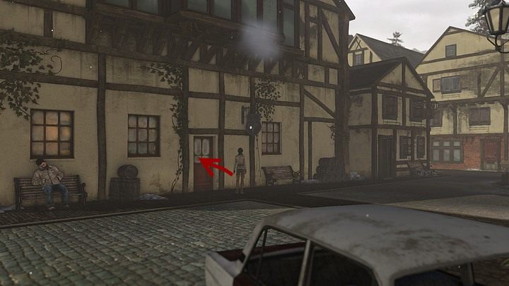 Kiedy dojdziesz do bocznej uliczki wiodącej w prawo, skręć w nią - na prawo od śpiącego na ławce gościa znajduje się wejście do tawerny - Znajdź Simona Steinera, rzemieślnika | Rozdział trzeci | Solucja Syberia 3 - Syberia 3 - poradnik do gry