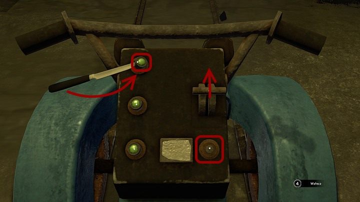 By temu zaradzić, na górnym przycisku po lewej użyj posiadanego noża - nie wystarczy go wetknąć pod przycisk, trzeba nim (wykonując nieznaczny ruch myszką w dół i w prawo) ten przycisk podważyć, po czym go zabrać - Załaduj węgiel na pokład Kryształu | Rozdział trzeci | Opis przejścia Syberia 3 - Syberia 3 - poradnik do gry