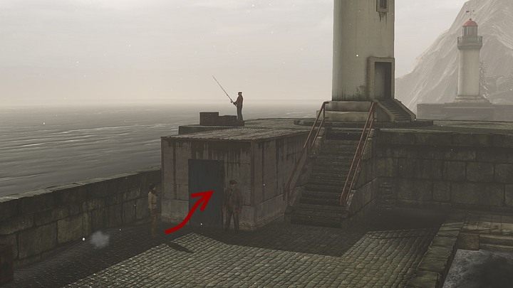 Opuść więc prom - od prowadzących nań schodów wędruj w prawo i cały czas wzdłuż nabrzeża, aż dotrzesz do sporego podestu, na którym stoi wieża przypominająca latarnię morską - Skompletuj i przygotuj sprzęt do nurkowania | Rozdział trzeci | Syberia 3 - Syberia 3 - poradnik do gry