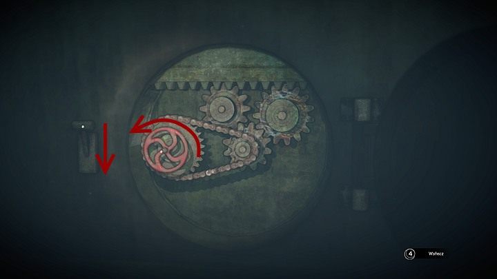 Odsłoni się wnęka z zębatkami i łańcuchem - zakręć (odpowiedni ruch myszką) kierownicą do oporu w lewo, po czym przesuń (odpowiedni ruch myszką) wajchę po lewej w dół - Otwórz dwa zamki | Rozdział trzeci | Opis przejścia Syberia 3 - Syberia 3 - poradnik do gry