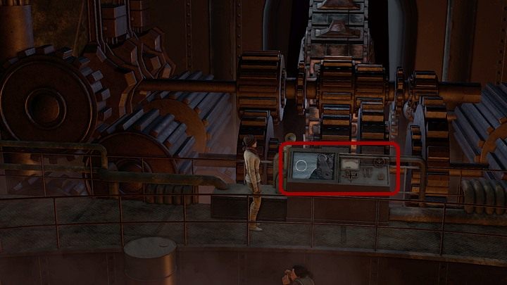 Tam kolejnymi schodami po lewej zejdź z podestu (w prawo) i znajdującymi się zaraz naprzeciwko niewysokimi schodkami wejdź na kolejny podest, w centrum którego mieści się pulpit sterujący lodołamaczem - Uruchom lodołamacz | Rozdział czwarty | Opis przejścia Syberia 3 - Syberia 3 - poradnik do gry