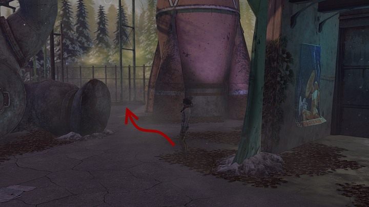 Od bramy prowadzącej do strefy skażenia, pod którą przyprowadzona została Kate, maszeruj w lewo, aż dojdziesz do ogrodzenia ciągnącego się za budynkiem w kształcie rakiety (trzeba wejść w przejście pomiędzy budowlą przypominającą siedzącego metalowego misia bez głowy a budowlą w kształcie rakiety - Napraw automat | Rozdział piąty | Opis przejścia Syberia 3 - Syberia 3 - poradnik do gry