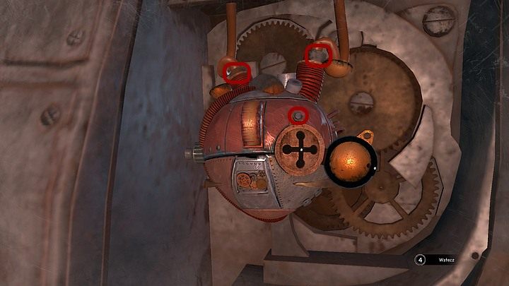 Odciągnij zatyczki zasłaniające wloty na kable - tę po lewej ruchem nieco w górę i w lewo, a potem w dół, tę po prawej ruchem nieco w górę i w prawo, a potem w dół - Napraw automat | Rozdział piąty | Opis przejścia Syberia 3 - Syberia 3 - poradnik do gry