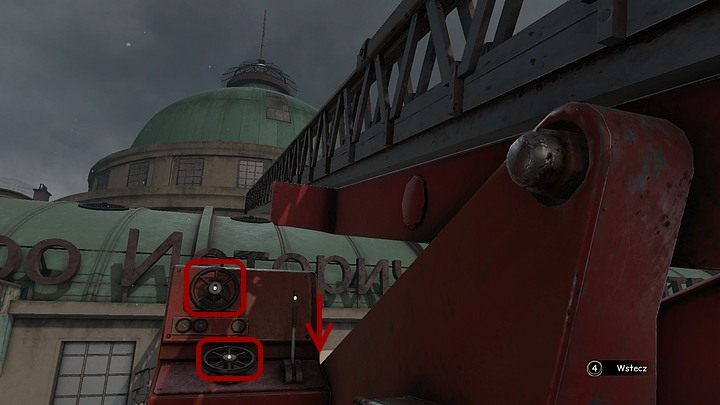 W zbliżeniu obróć w prawo (odpowiedni ruch myszką) górną kierownicę, by przesunąć drabinę tak, aby znalazła się pod kątem prostym do budynku stacji metra - Otwórz wywietrzniki | Opis przejścia Syberia 3 - Syberia 3 - poradnik do gry