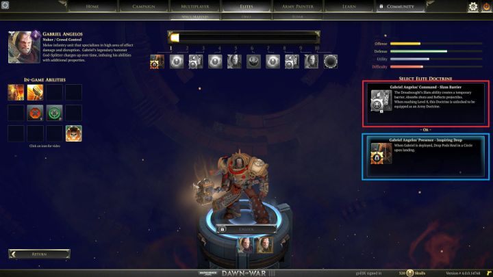 Na czerwono zaznaczone doktryny rozkazów, na niebiesko aur. - Punkty i jednostki elitarne | Rozgrywka - Warhammer 40,000: Dawn of War III - poradnik do gry