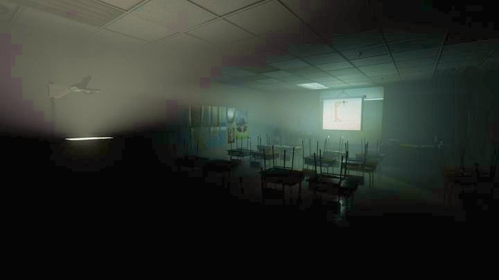 W jednej z klas znajdziesz przeźrocze na którym dziewczynki grały w wisielca - Wewnętrzny demon | Opis przejścia Outlast 2 - Outlast 2 - poradnik do gry