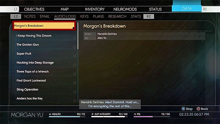 Nie odchodź jeszcze od komputera, tylko przejdź do zakładki plików (Files) i pobierz klucz deszyfrujący DeVriesa (Decryption Key) - Hol Talosa I | Dodatkowe zadania Prey - Prey - poradnik do gry