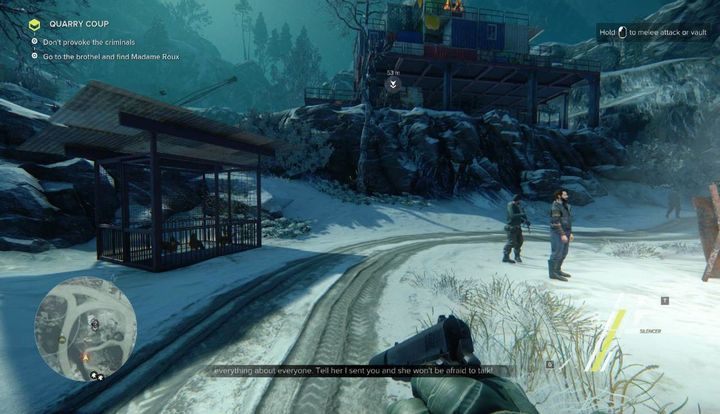 Po krótkiej scence przerywnikowej będziesz musiał udać się do przybytku zlokalizowanego niedaleko twojej pozycji i porozmawiać z burdelmamą - Quarry Coup | Akt 2 | Opis przejścia Sniper Ghost Warrior 3 - Sniper: Ghost Warrior 3 - poradnik do gry