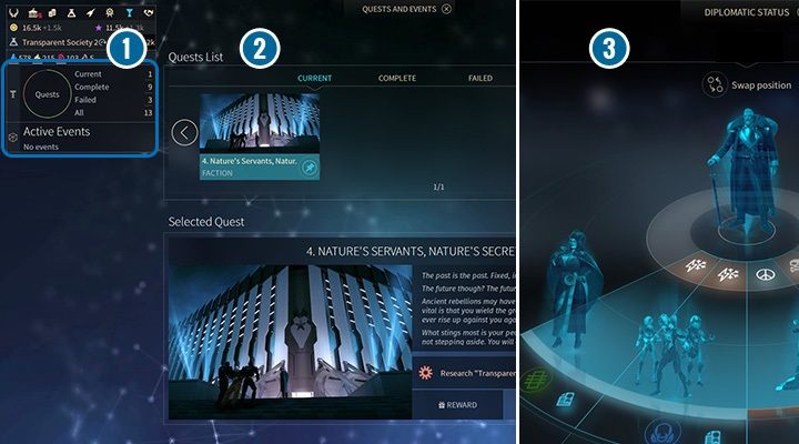 Ten ekran jest skupiskiem informacji o twoich aktualnych, ukończonych oraz nieudanych zadaniach (1) - Interfejs wojska, bohaterów, zadań, wydarzeń i dyplomacji w Endless Space 2 - Endless Space 2 - poradnik do gry