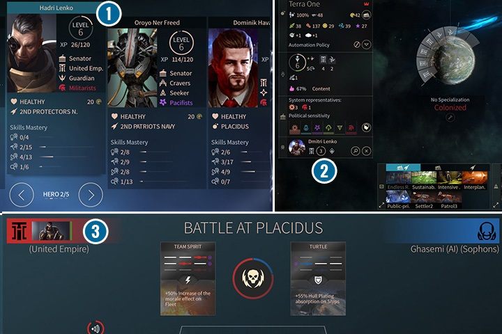 Twoi bohaterowie to zapracowani ludzie. Hadri Lenko (1) w czasie pokoju zarządza jednym z twoich systemów (2), a kiedy nastaje wojna, obejmuje dowodzenie nad flotą (3). - Bohaterowie w Endless Space 2 - Endless Space 2 - poradnik do gry