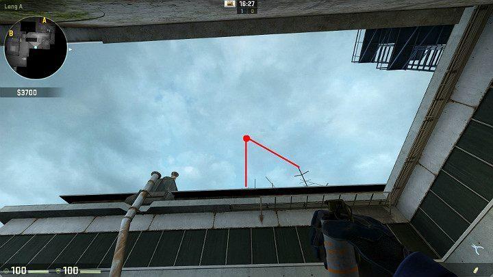 Ustaw się plecami do ściany i wyceluj w oznaczony na obrazku punkt - Cache | Mapy Turniejowe | CS GO - CS GO - poradnik do gry