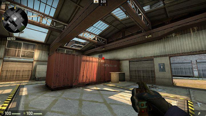 Ustaw się we wskazanym miejscu i wyceluj w oznaczony punkt, który znajduje się na linii dachu kontenera - Cache | Mapy Turniejowe | CS GO - CS GO - poradnik do gry