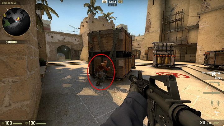 Stojąc na punkcie A poproś sojusznika o ukucnięcie w wyznaczonym miejscu po czym wskocz na jego barki - Mirage | Mapy turniejowe | CS GO - CS GO - poradnik do gry