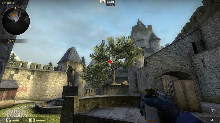 Ustaw się w rogu budynku, plecami do ściany i wyceluj w oznaczony na obrazku punkt - Cobblestone | Mapy Turniejowe | CS GO - CS GO - poradnik do gry