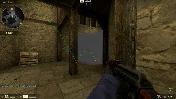Granat odbije się od desek i spadnie na dół tworząc całkowitą zasłonę dymną ograniczając widoczność Graczy patrzących od strony wyjścia na punkt B - Cobblestone | Mapy Turniejowe | CS GO - CS GO - poradnik do gry