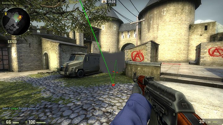 Granat spadnie na punkcie A tworząc zasłonę dymną z prawej strony pancernego furgonu - Cobblestone | Mapy Turniejowe | CS GO - CS GO - poradnik do gry