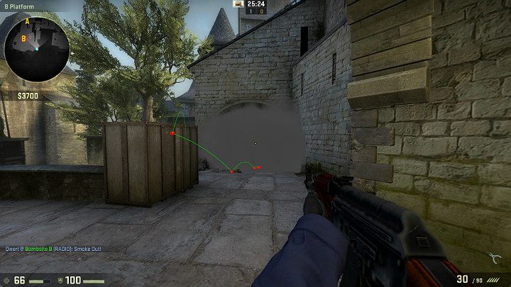 Granat odbije się od skrzynki i wpadnie do długiego przejścia B ograniczając widoczność Graczy starających się wejść na punkt od tamtej strony - Cobblestone | Mapy Turniejowe | CS GO - CS GO - poradnik do gry