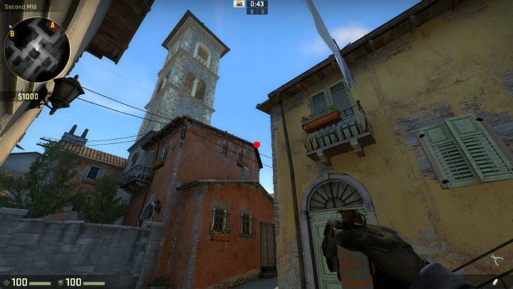 Stań plecami do ściany w wyznaczonym miejscu i wyceluj w zaznaczony na obrazku punkt - Inferno | Mapy turniejowe | CS GO - CS GO - poradnik do gry