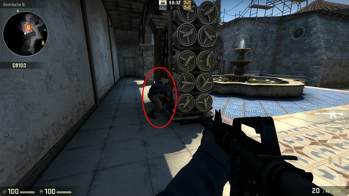Znajdując się na punkcie B możesz poprosić sojusznika o ukucnięcie w wyznaczonym miejscu, abyś miał możliwość wskoczenia na jego barki - Inferno | Mapy turniejowe | CS GO - CS GO - poradnik do gry