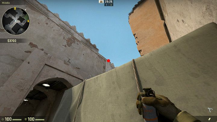 Ustaw się maksymalnie w rogu pomiędzy ścianą a skrzynią i wyceluj w zaznaczone na obrazku miejsce - Dust 2 | Mapy Turniejowe | CS GO - CS GO - poradnik do gry