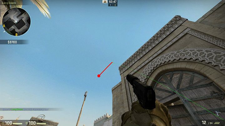 Granat przeleci nad tunelem i odbije się od niewidocznej ściany po czym zacznie spadać w dół i wybuchnie w zaznaczonym miejscu - Dust 2 | Mapy Turniejowe | CS GO - CS GO - poradnik do gry