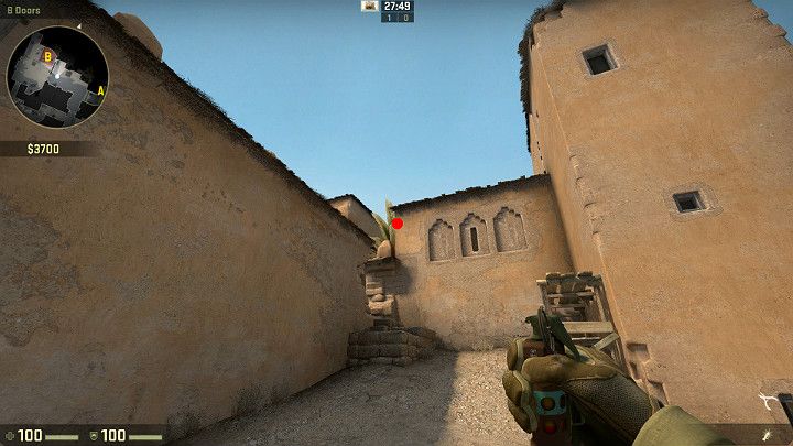 Kolejna ściana, którą można wykorzystać do wrzucenia granatu błyskowo-hukowego na miejsce podłożenia bomby B - Dust 2 | Mapy Turniejowe | CS GO - CS GO - poradnik do gry
