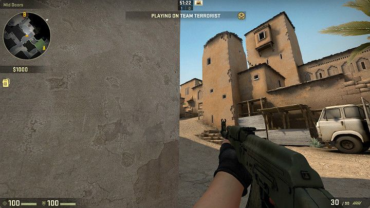 Wychodząc przez środkowe drzwi w stronę miejsca odrodzenia Antyterrorystów zawsze warto mieć oko na wyrwę w murze - Dust 2 | Mapy Turniejowe | CS GO - CS GO - poradnik do gry